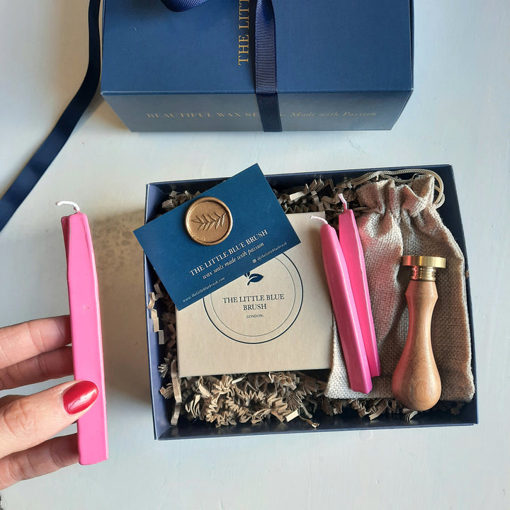 Custom 25mm Wax Stamp Gift Box with bright pink wick wax